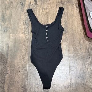 American Eagle Outfitters Women’s Black Ribbed Thong Snap Bodysuit